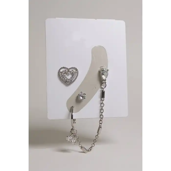 4lü Gümüş Renk Taş Detaylı Küpe Set