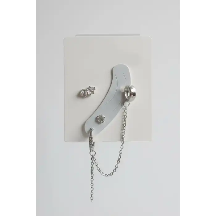 4lü Gümüş Renk Taş Detaylı Küpe Set