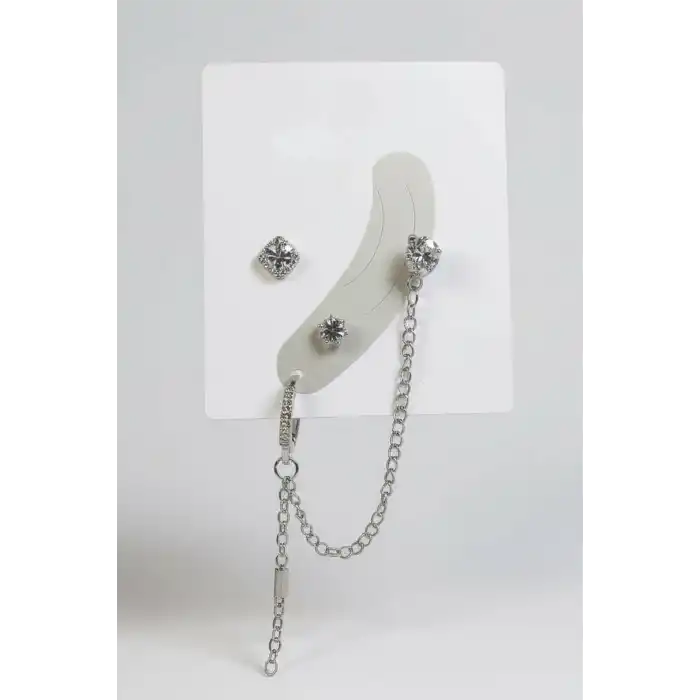 4lü Gümüş Renk Taş Detaylı Küpe Set