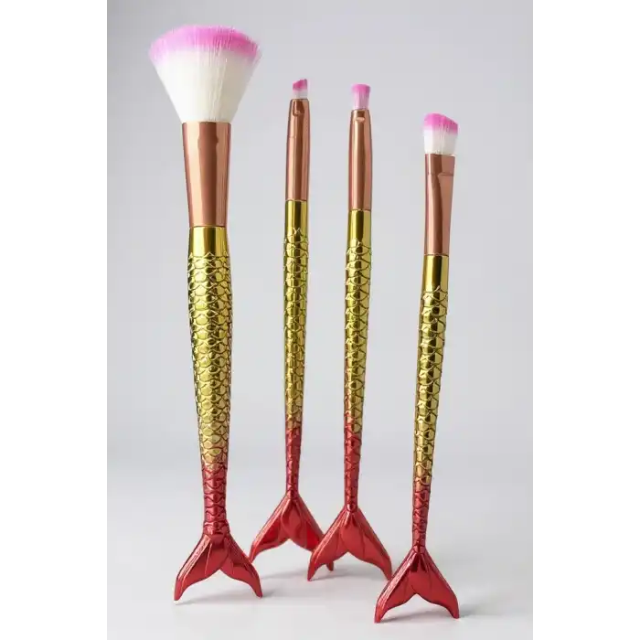 4lü Kırmızı Ve Altın Renk Balık Kuyruğu Figürlü Makyaj Fırçası Set