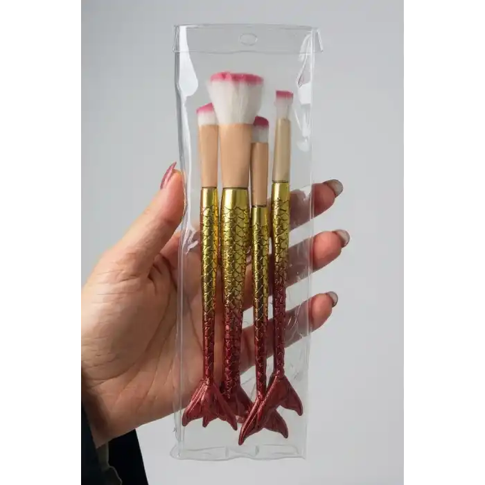 4lü Kırmızı Ve Altın Renk Balık Kuyruğu Figürlü Makyaj Fırçası Set