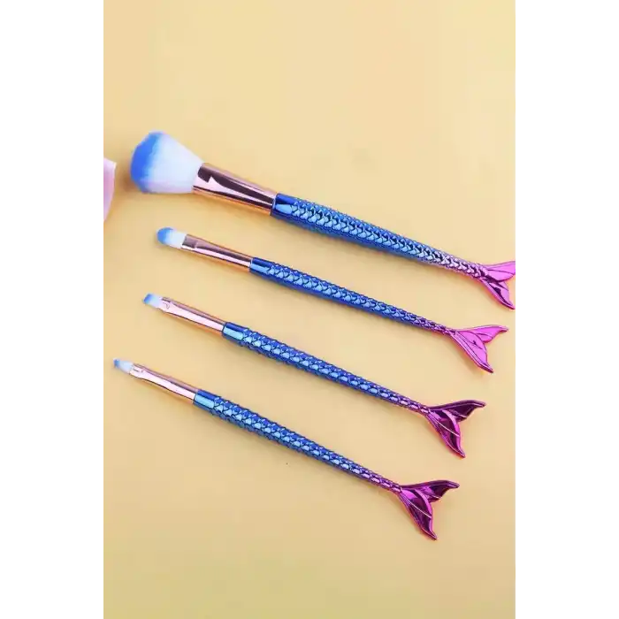 4lü Mavi Ve Pembe Renk Balık Kuyruğu Figürlü Makyaj Fırçası Set