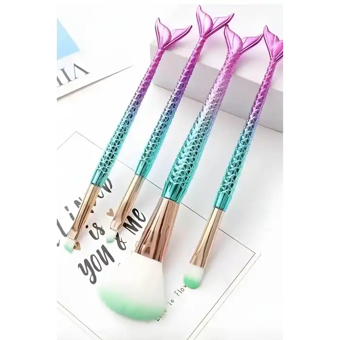 4lü Pembe Ve Turkuaz Renk Balık Kuyruğu Figürlü Makyaj Fırçası Set