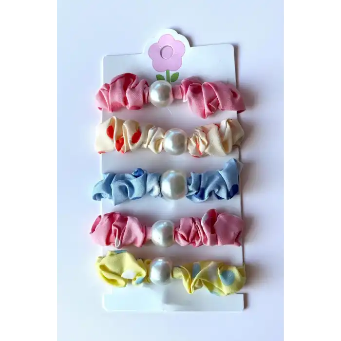 5li Karışık Renk İnci Detaylı Lastik Toka Set