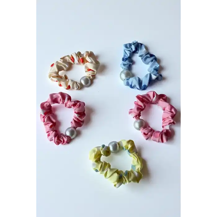 5li Karışık Renk İnci Detaylı Lastik Toka Set