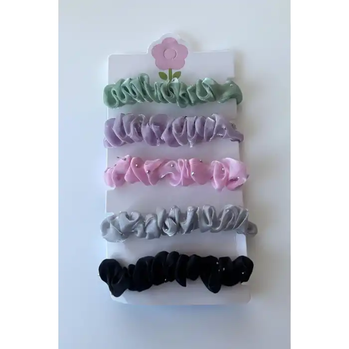 5li Karışık Renk Taş Detaylı Lastik Toka Set