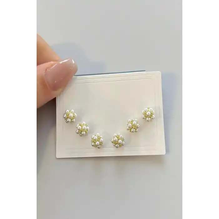 6lı Altın Renk İnci Detaylı 14k Altın Kaplama Küpe et