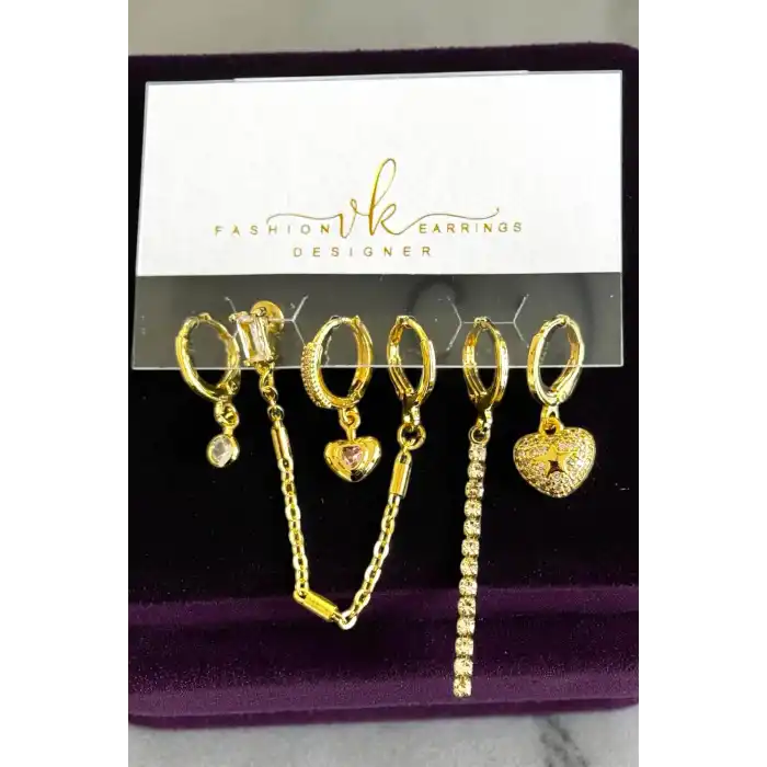 6lı Altın Renk Taş Detaylı Küpe Set