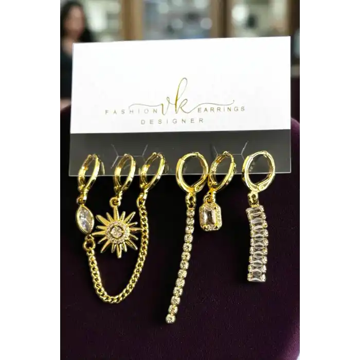 6lı Altın Renk Taş Detaylı Küpe Set