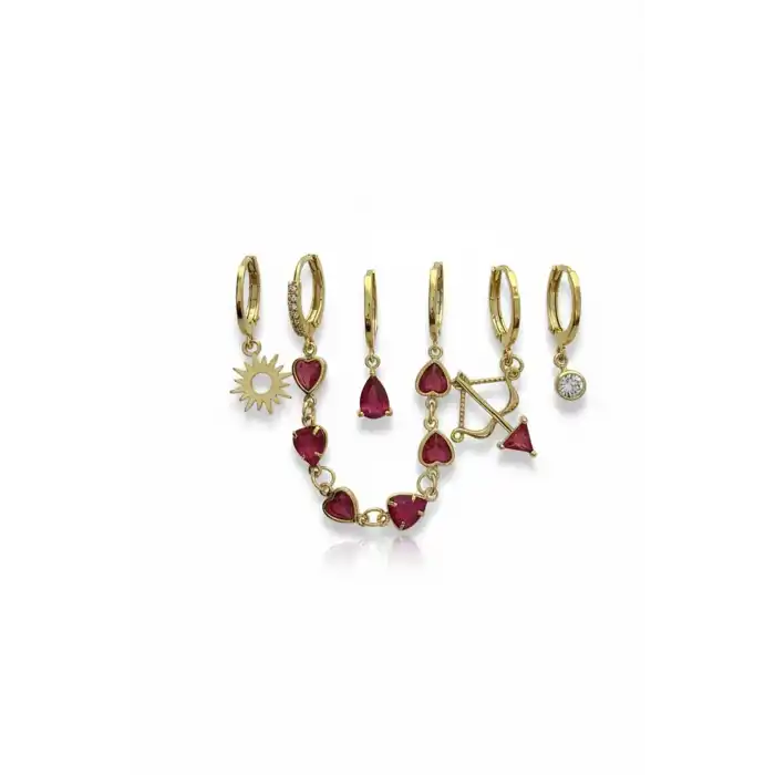 6lı Altın Renk Taş Detaylı Küpe Set