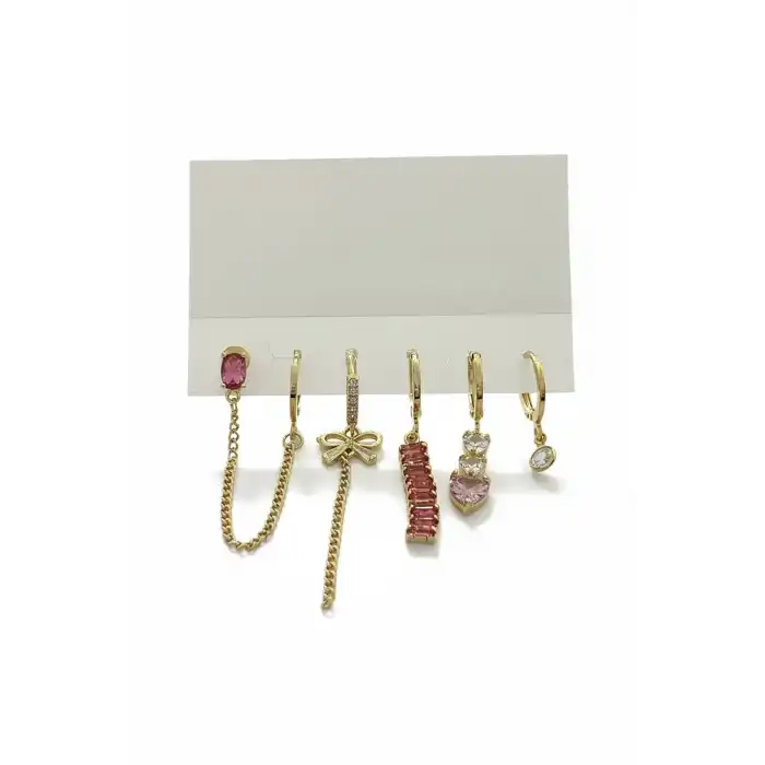 6lı Altın Renk Taş Detaylı Küpe Set