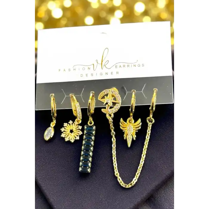6lı Altın Renk Taş Detaylı Küpe Set
