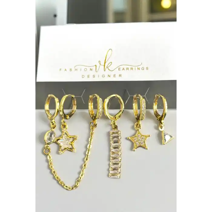 6lı Altın Renk Taş Detaylı Küpe Set