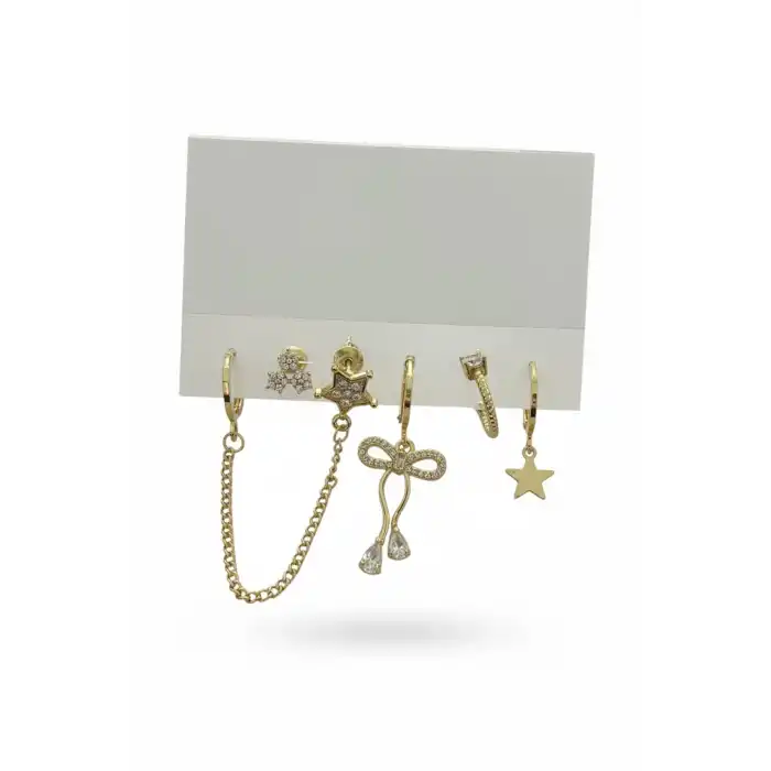 6lı Altın Renk Taş Detaylı Küpe Set
