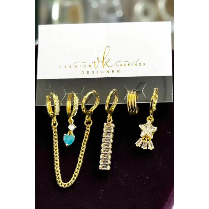 6lı Altın Renk Taş Detaylı Küpe Set