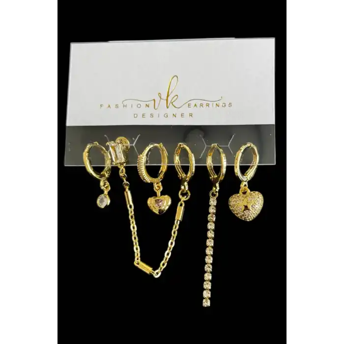 6lı Altın Renk Taş Detaylı Küpe Set