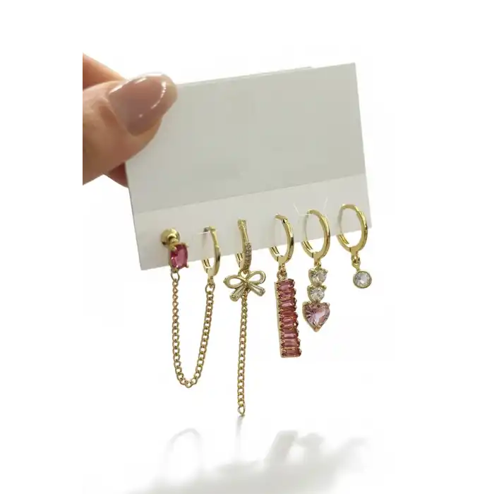 6lı Altın Renk Taş Detaylı Küpe Set