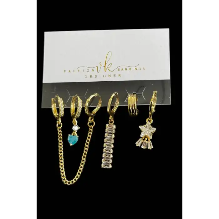 6lı Altın Renk Taş Detaylı Küpe Set