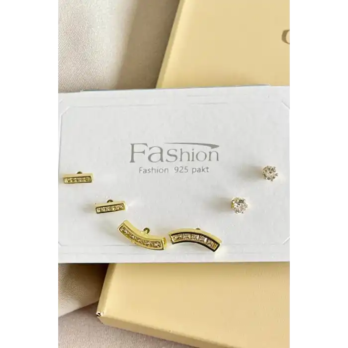 6lı Altın Renk Taş Detaylı Küpe Set