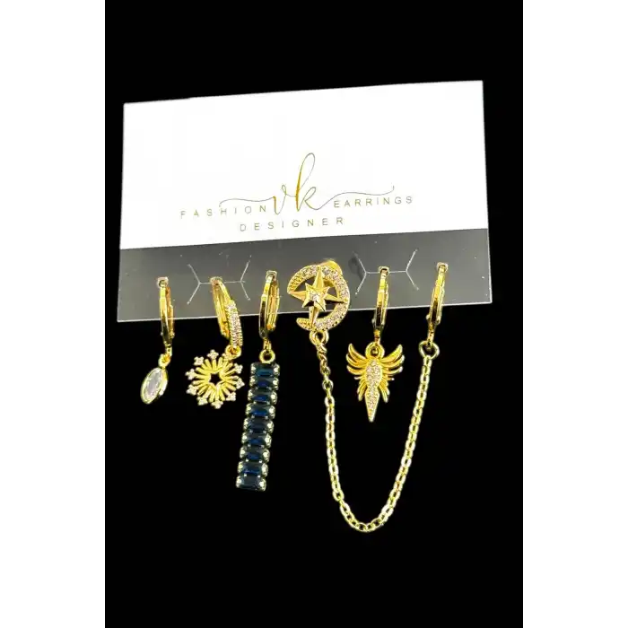 6lı Altın Renk Taş Detaylı Küpe Set