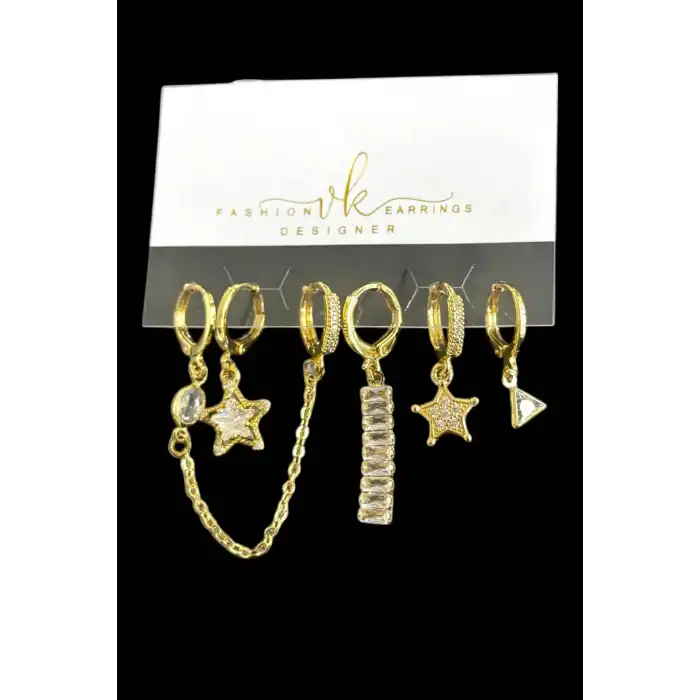 6lı Altın Renk Taş Detaylı Küpe Set