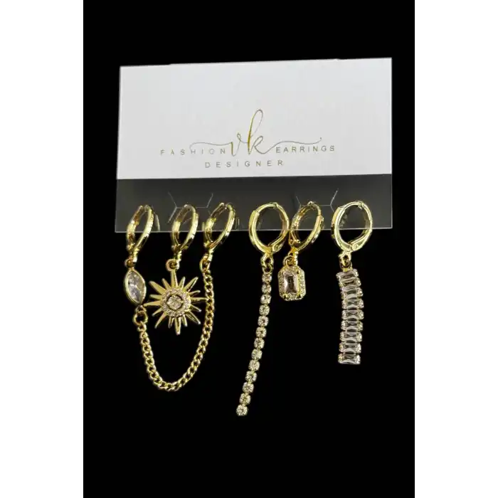 6lı Altın Renk Taş Detaylı Küpe Set