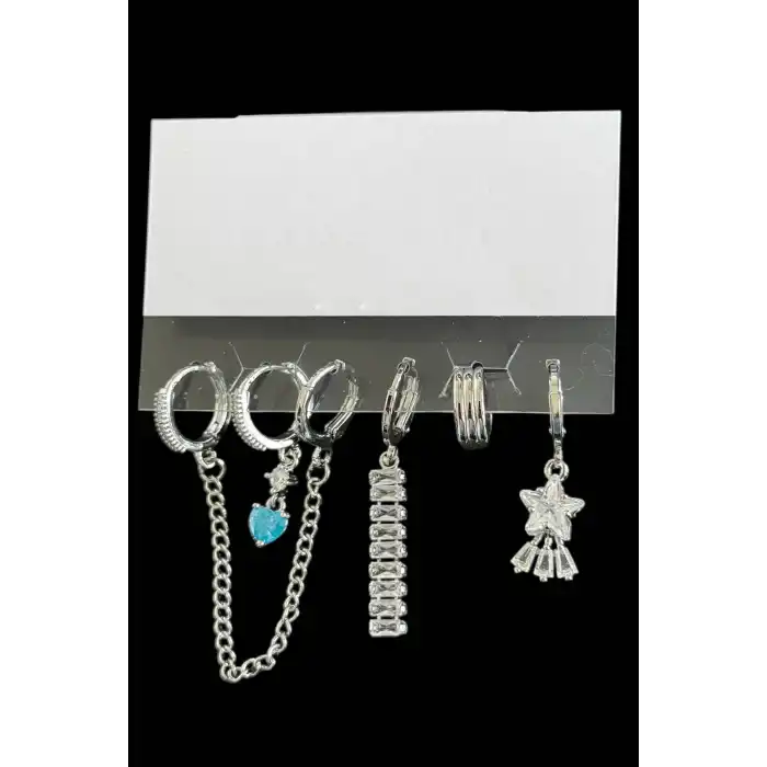 6lı Gümüş Renk Karışık Figürlü Küpe Set