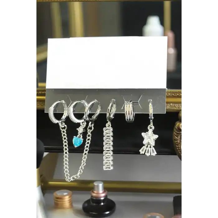6lı Gümüş Renk Karışık Figürlü Küpe Set