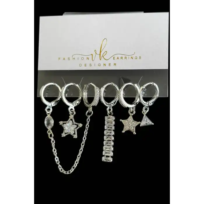 6lı Gümüş Renk Karışık Figürlü Küpe Set