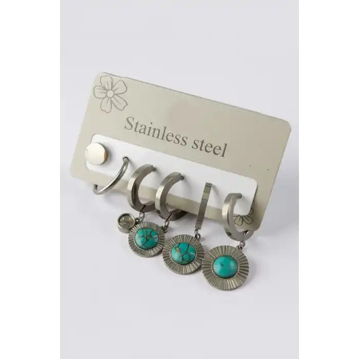 6lı Gümüş Renk Taş Detaylı Çelik Küpe Set