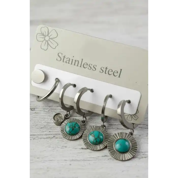 6lı Gümüş Renk Taş Detaylı Çelik Küpe Set