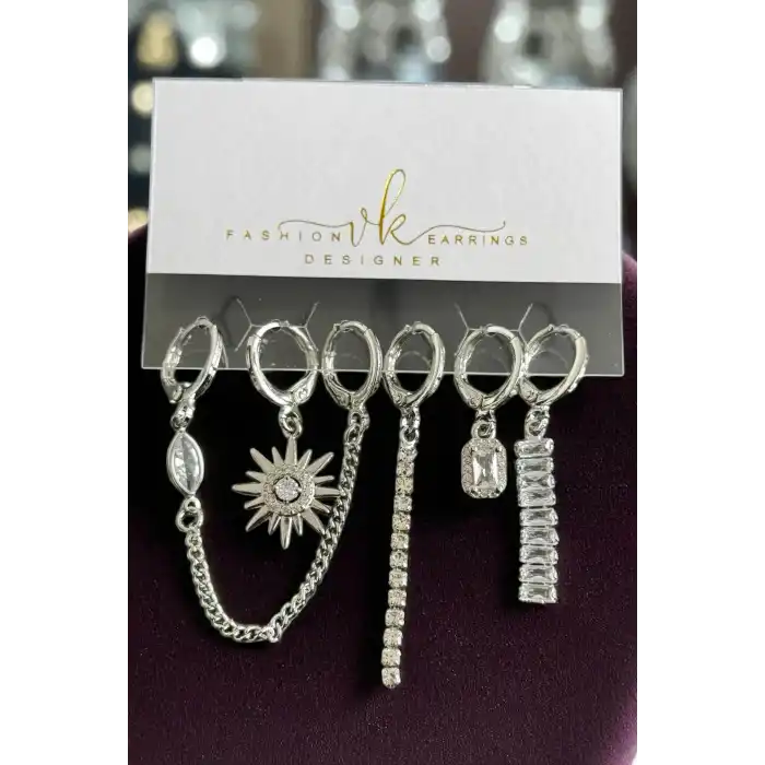 6lı Gümüş Renk Taş Detaylı Küpe Set