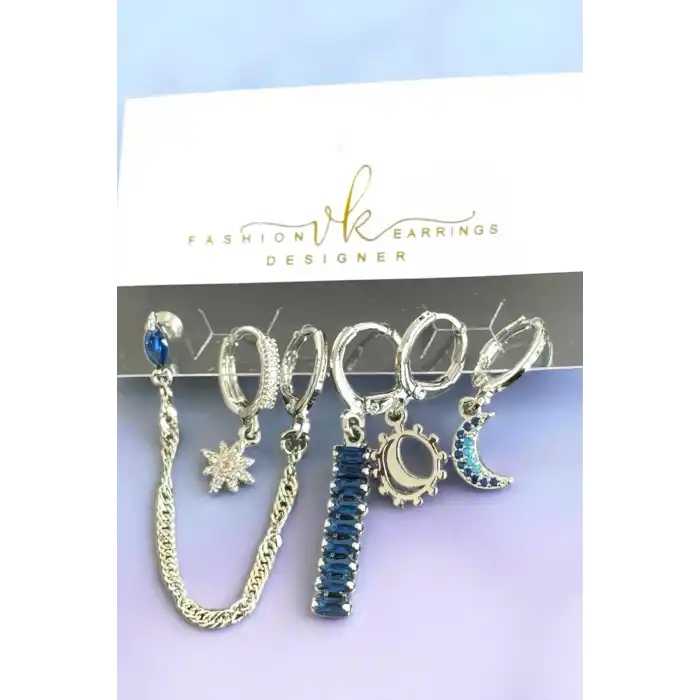 6lı Gümüş Renk Taş Detaylı Küpe Set