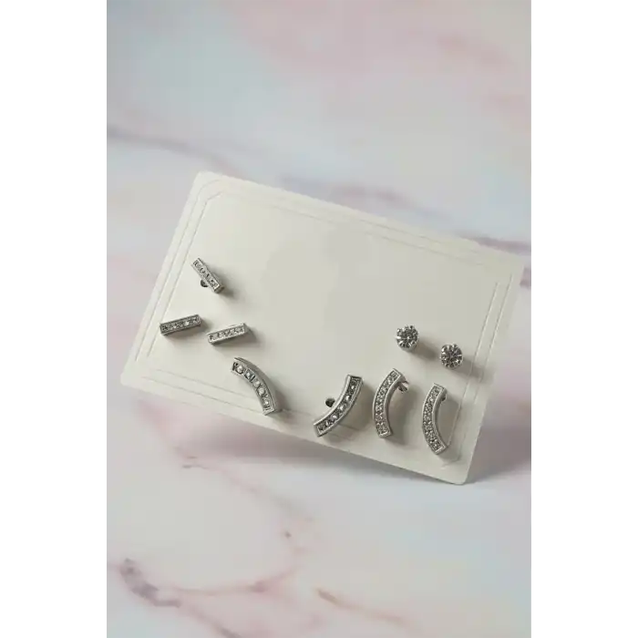 6lı Gümüş Renk Taş Detaylı Küpe Set