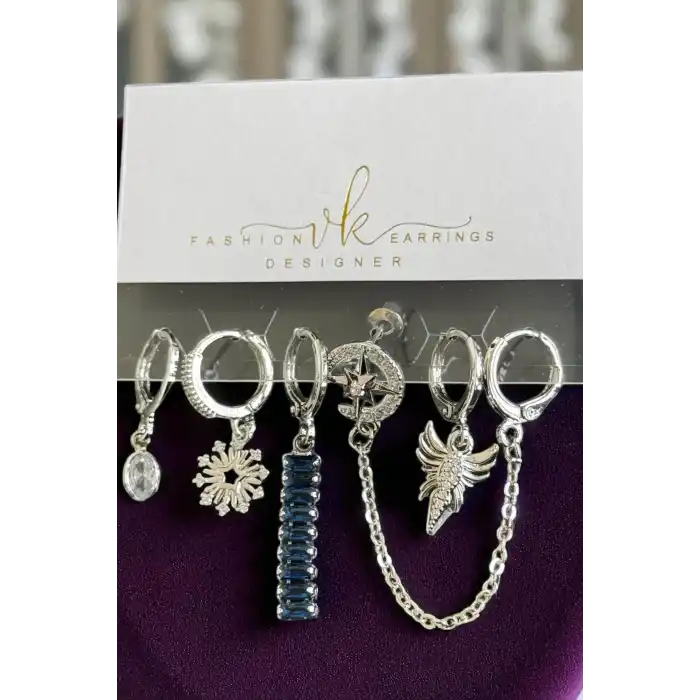6lı Gümüş Renk Taş Detaylı Küpe Set