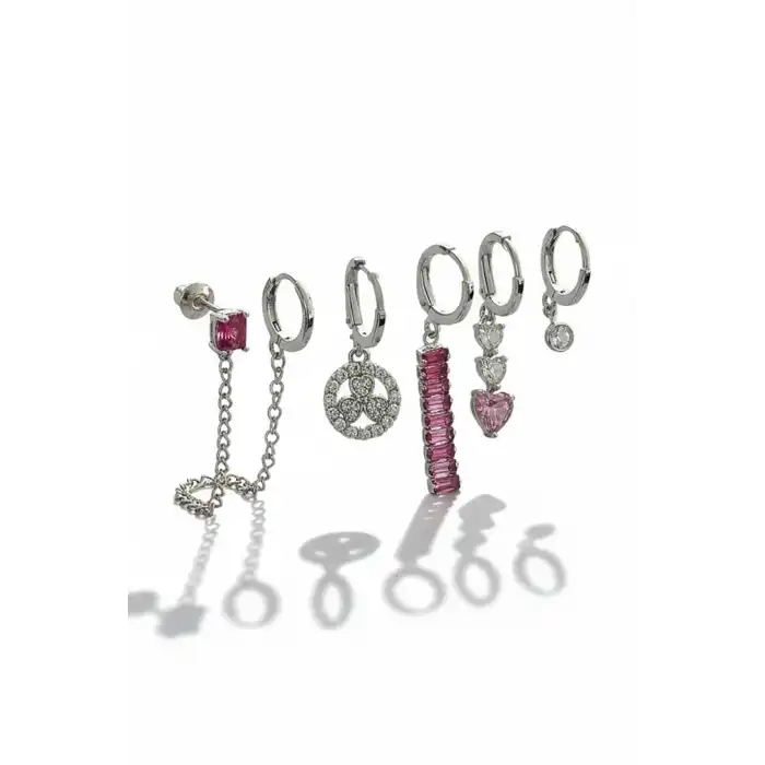 6lı Gümüş Renk Taş Detaylı Küpe Set