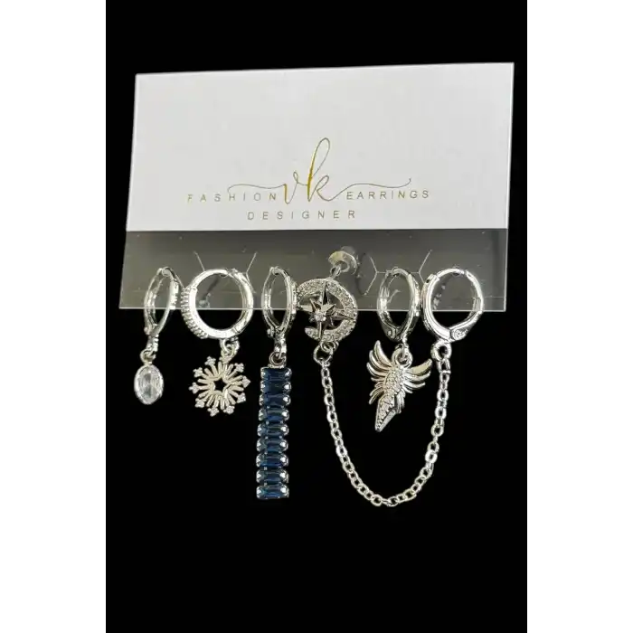 6lı Gümüş Renk Taş Detaylı Küpe Set