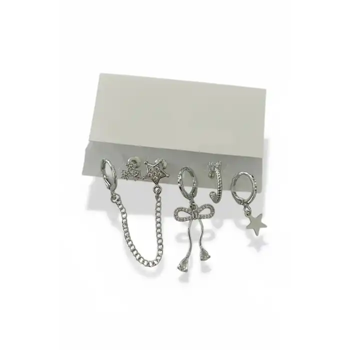 6lı Gümüş Renk Taş Detaylı Küpe Set