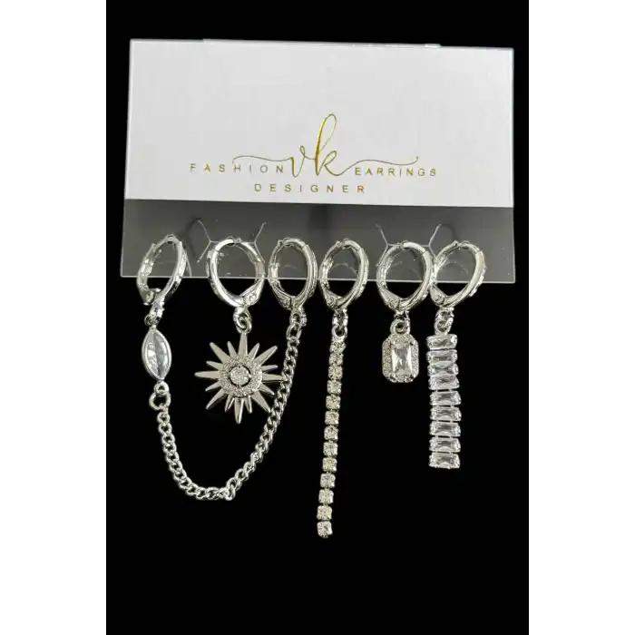 6lı Gümüş Renk Taş Detaylı Küpe Set