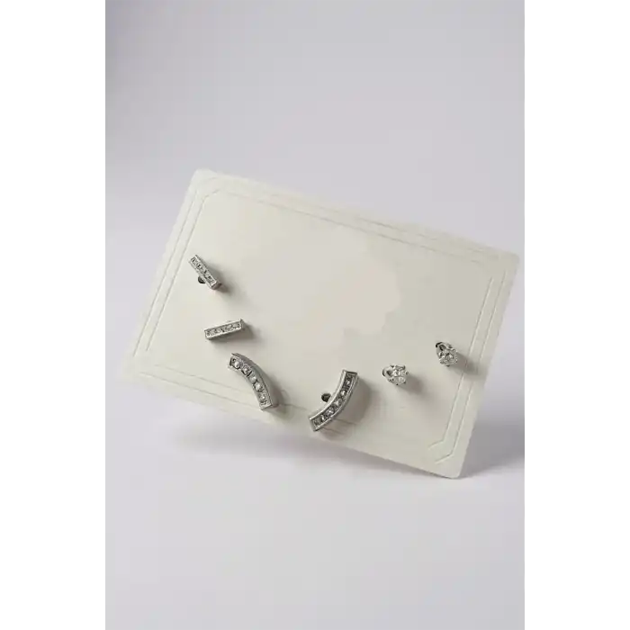 6lı Gümüş Renk Taş Detaylı Küpe Set