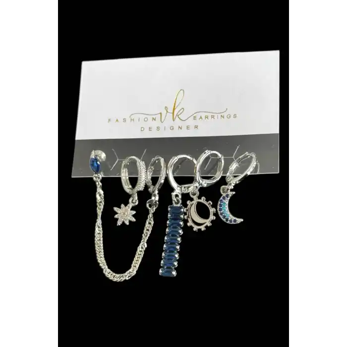 6lı Gümüş Renk Taş Detaylı Küpe Set