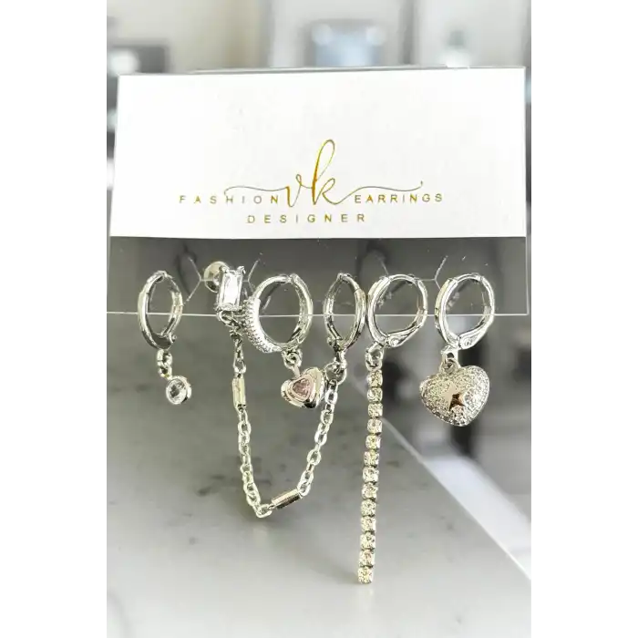 6lı Gümüş Renk Taş Detaylı Küpe Set