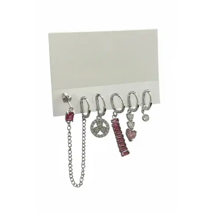 6lı Gümüş Renk Taş Detaylı Küpe Set