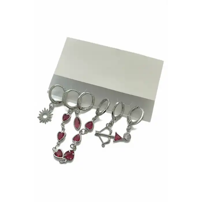 6lı Gümüş Renk Taş Detaylı Küpe Set