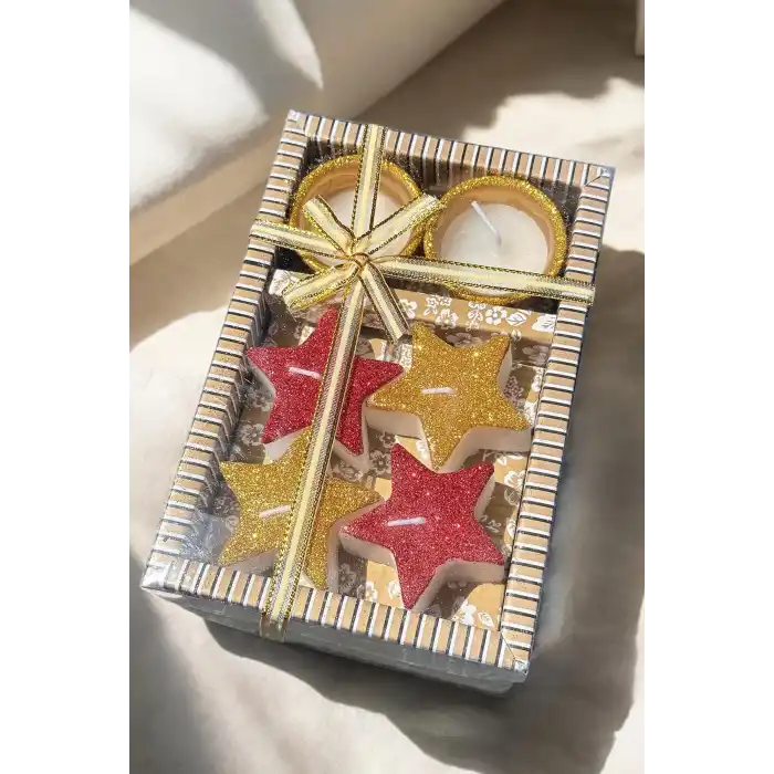 6lı Karışık Renk Yıldız Figürlü Sim Detaylı Mum Set