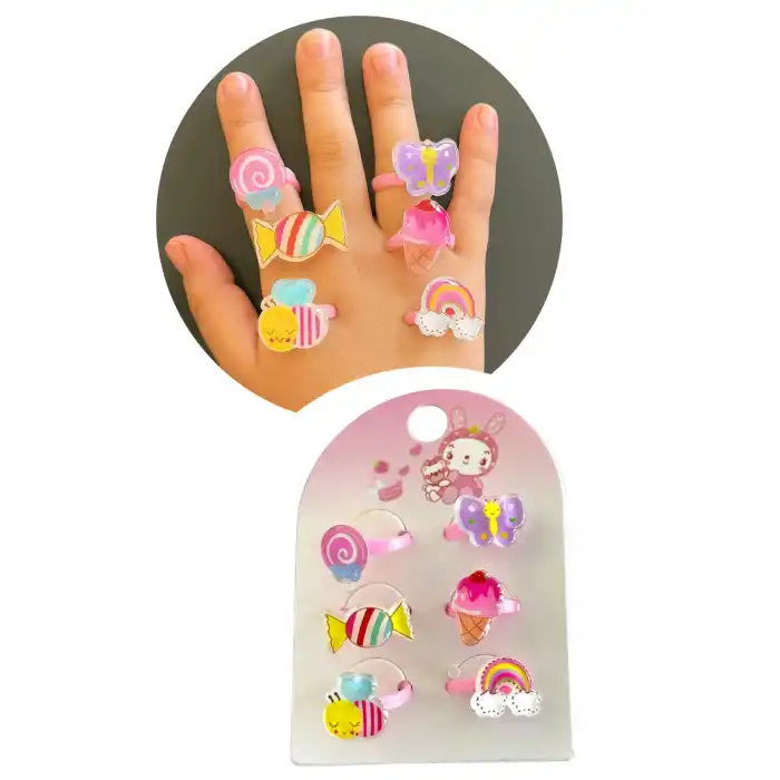 6lı Pembe Renk Karışık Figürlü Çocuk Yüzük Set