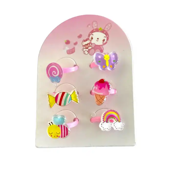 6lı Pembe Renk Karışık Figürlü Çocuk Yüzük Set
