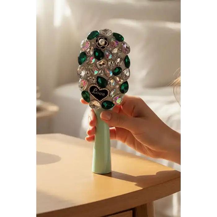 Yeşil Renk Taş Ve Love Yazılı Saç Tarama Fırçası/ Tarak
