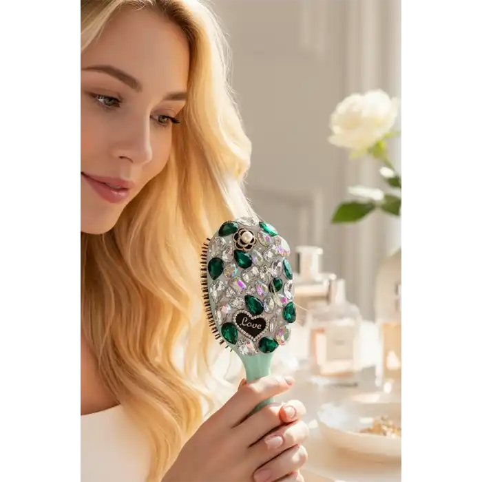 Yeşil Renk Taş Ve Love Yazılı Saç Tarama Fırçası/ Tarak