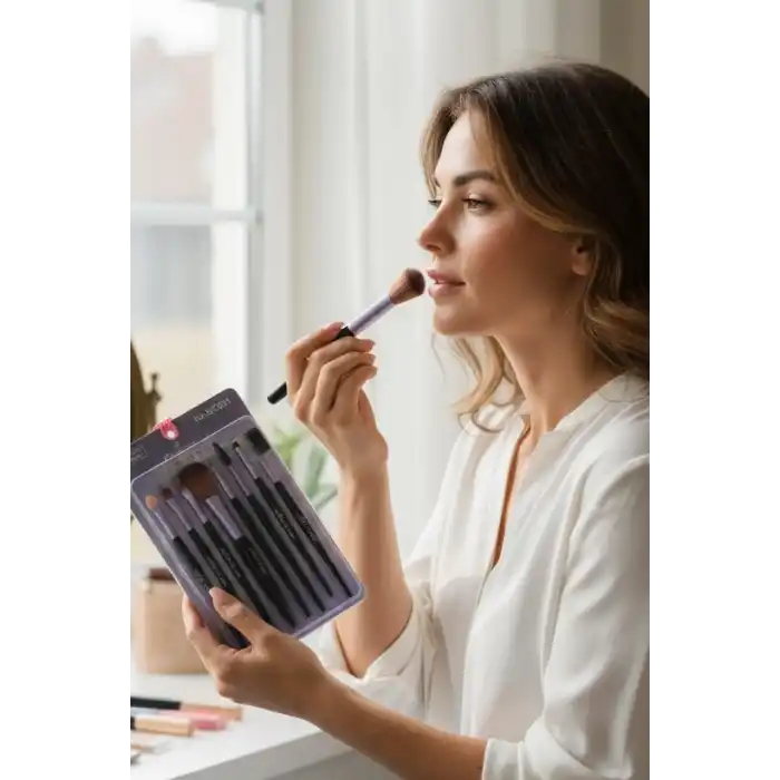 8li Mor Ve Siyah Renk Makyaj Fırçası Set